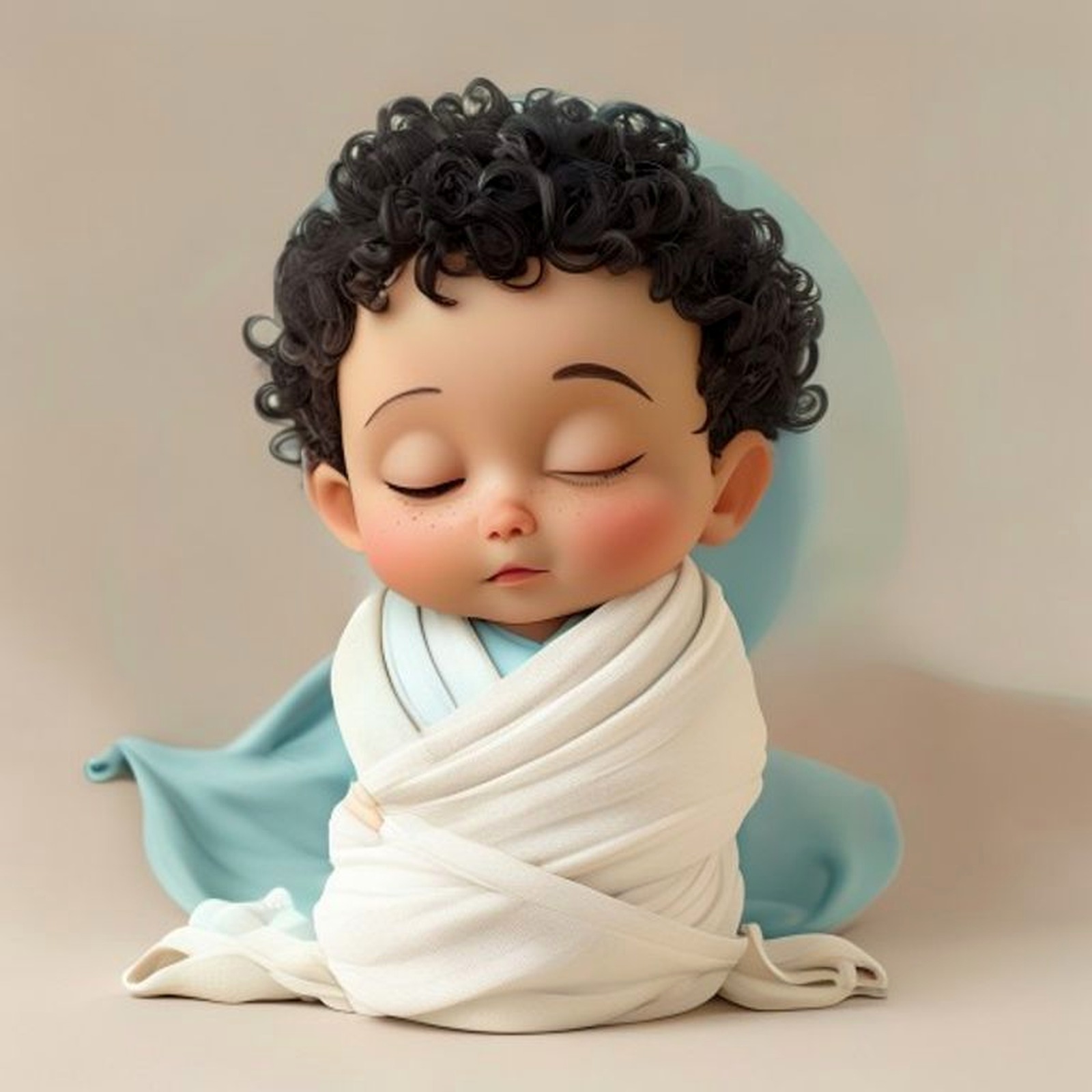 Cute illustrated newborn baby sleeping in a soft white swaddle